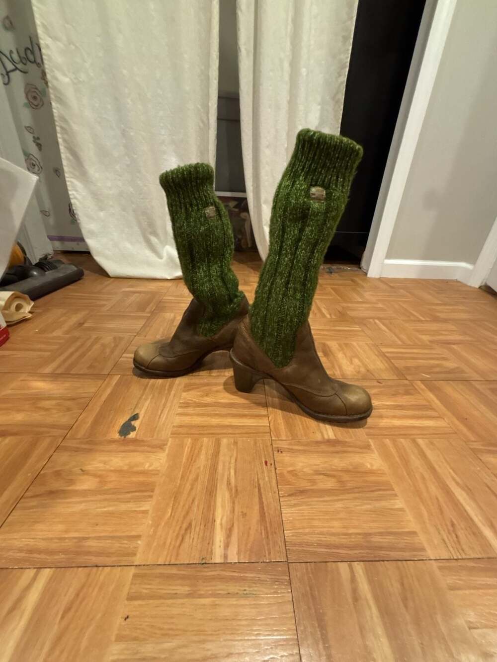El Naturalista Brown Leather Ankle Boots with Green Knit Leg Warmers